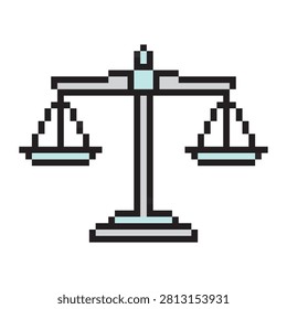 Pixel art balance scale icon. Retro 8-bit laboratory weight scales vector illustration isolated on white background. School education and science symbol.