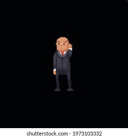 Pixel art bald security man looking at the side while listening to the earphone