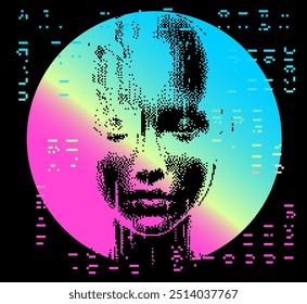 Pixel art of bald woman on background of holographic circle. Futuristic illustration on the theme of technology and human.