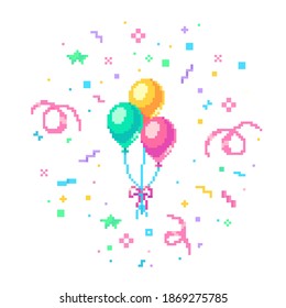 Pixel art balloons with confetti burst. Vector illustration.