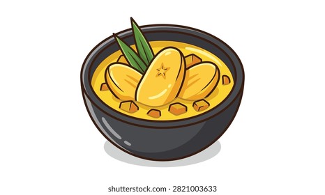 Pixel art of banana compote in a dark bowl with pandan leaf for food menu illustration