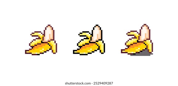 Ilustração de vetor de ícone de banana Pixel Art. Adesivo isolado gráfico amarelo de frutas tropicais. Retro 8 Bit Banana para Video Game, Mobile, Web. Food Digital Element. Ativo de arte digital