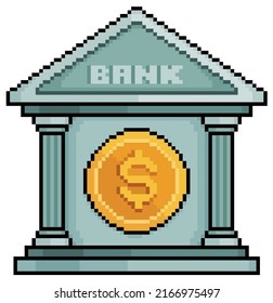 Pixel art Bank. Bank facade in classic style with coin vector icon for 8bit game on white background
 