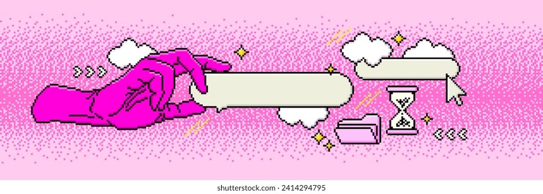 Pixel art banner with hand, speech bubble and old user interface elements. Retro game aesthetics of 80's-90's. Trendy vector illustration.