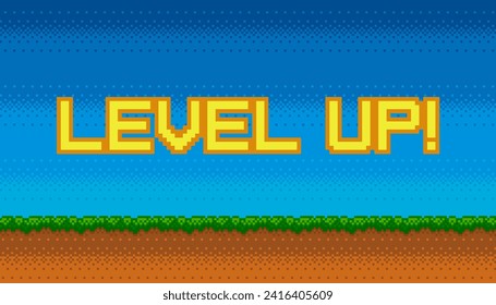 Pixel art banner with Level Up text and outdoor landscape background. Colorful pixel arcade screen for game design. Vector illustration.