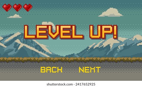 Pixel art banner with Level Up text and mountain landscape background. Colorful pixel arcade screen for game design. Vector illustration.