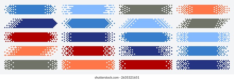 Pixel art banners. Digital title tags with pixelated fade edges, horizontal label backgrounds and retro 8-bit arcade game pixels styled rectangular dividers vector set