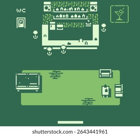 Pixel art bar interior in retro 8-bit style,  top down, minimalist game background,  vintage video games, UI design, nostalgic gaming visuals, game assets.