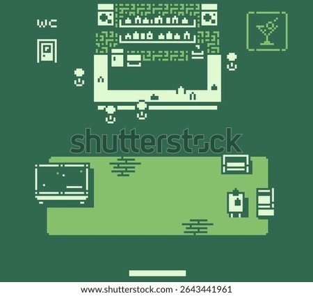 Pixel art bar interior in retro 8-bit style,  top down, minimalist game background,  vintage video games, UI design, nostalgic gaming visuals, game assets.