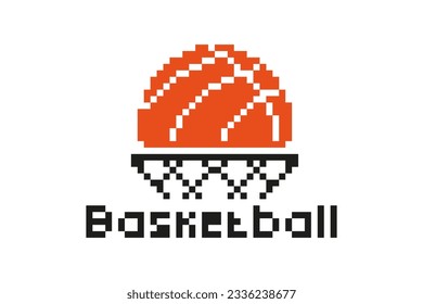 Pixel art basketball logo concept. 8 bit icon basketball and ring, vector illustration on isolated background.