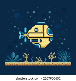 Pixel art bathyscaphe on seabed background. Yellow submarine on ocean bottom landscape. Bathysphere on 8 bit game location. Deep diving vessel for underwater exploration sailing over ocean bottom.