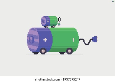 Pixel art batteries with wheels and plugs, one on top of another, electric cars