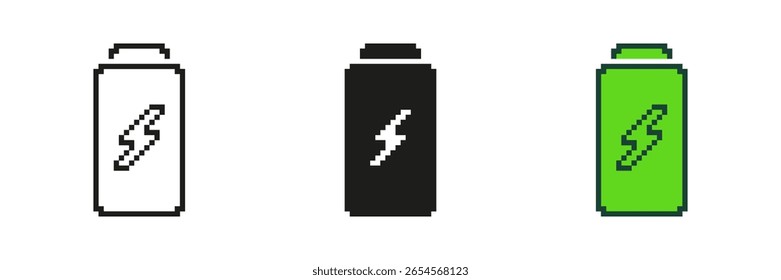 Pixel Art Battery Icon Set. Pixelated Battery with a Lightning Bolt. Isolated Vector Illustration.