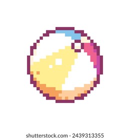 Pixel Art Beach Ball Icon. Vector Y2K 8Bit Sticker of Inflatable Pool Toy. Cute Water Play Video Game Element for Summer Fun Graphic Design.