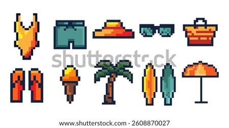 Pixel Art Beach Vacation Icon Set. Colorful pixel art illustrations of summer beach with swimsuit, shorts, hat, sunglasses, beach bag, flip flops, ice cream, palm tree, surfboards.Vector illustration