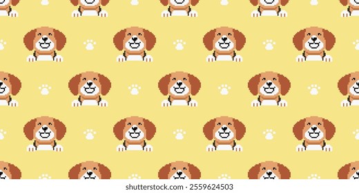 Pixel art beagle dog seamless pattern background for design.