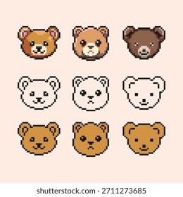 Pixel Art Bear Face Icon Set Cute Animal Avatars Un encantador conjunto de caras de oso de estilo pixel art de 8 bits. Esta colección presenta tres variaciones de lindas cabezas de oso