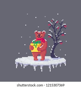 Pixel art bear with a gift. Cute greeting illustration on holidays.