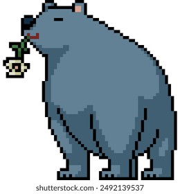 pixel art of bear hold flower isolated background