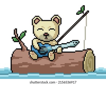 pixel art of bear rafting guitar
