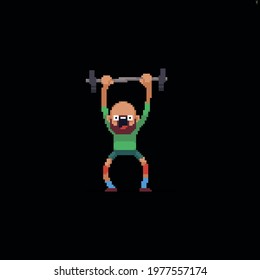 Pixel art bearded character beginner powerlifter with his eyes wide opern while lifting small weight