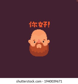Pixel art bearded character head with Chinese characters greeting phrase nihao