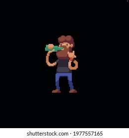 Pixel art bearded character while drinking something from green bottle