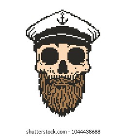 Pixel art bearded skull with captain hat