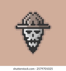 A pixel art of a bearded skull wearing a wide brim hat vector illustration. The pixelated style adds a retro or vintage feel and could be used as a symbol for death, danger, or adventure. 