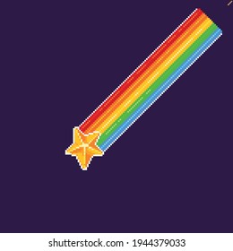 Pixel art beautiful glossy shooting star with rainbow tail