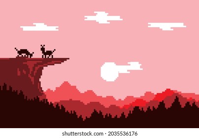 pixel art beautiful natural scenery in the afternoon there are high cliffs and there are two deer