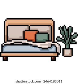 pixel art of bedroom bed plant isolated background