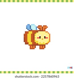 Pixel art bee icon. Vector 8 bit style illustration of cute bee bug. Cute decorative spring farm element of retro video game computer graphic for game asset, sprite, sticker or web.