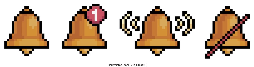 Pixel art bell icons. notification icons for mobile interface vector icon for 8bit game on white background
