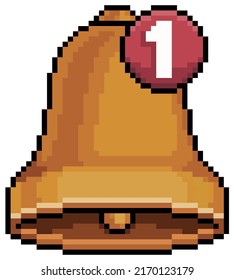 Pixel art bell with message notification vector icon for 8bit game on white background
