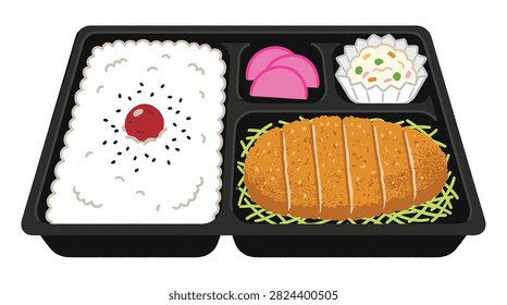 Pixel art bento box with pork cutlet and rice for lunch meal illustration