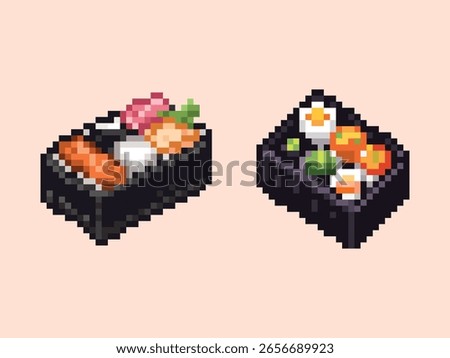 Pixel Art Bento Box Set. A set of two pixel art illustrations of a bento box, filled with various Japanese dishes.