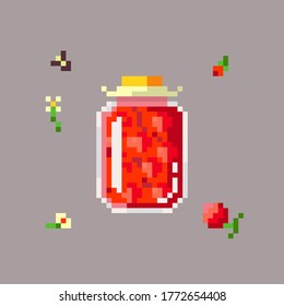 Pixel art berry jam in a glass. Pixelated homemade dessert icon. Vector illustration.
