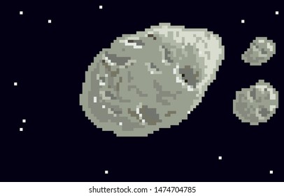 Pixel art big asteroid 2006QQ23 on space on black background vector illustration
