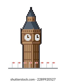 Pixel Art Big Ban Tower (London, UK) editable vector on isolated background.