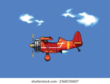 Pixel art biplane plane icon for 8 bit game on light blue background