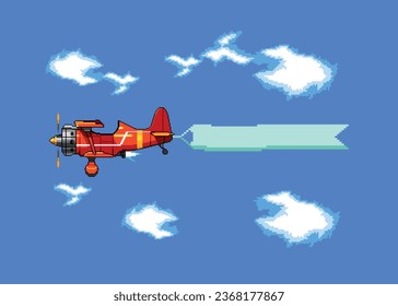 Pixel art biplane plane icon for 8 bit game on light blue background