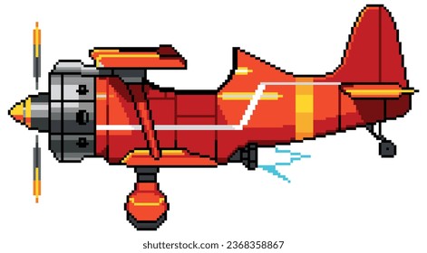 Pixel art biplane plane icon for 8 bit game on light blue background