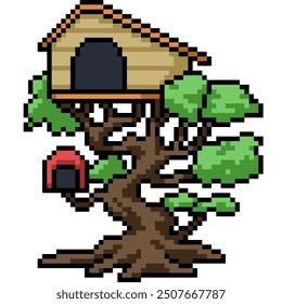pixel art of bird house tree isolated background