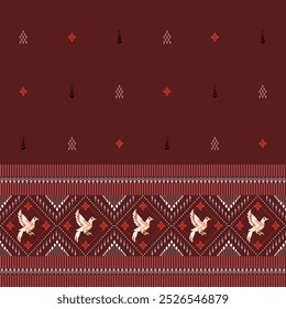 Pássaros de arte pixel com bordas geométricas em um fundo marrom rico