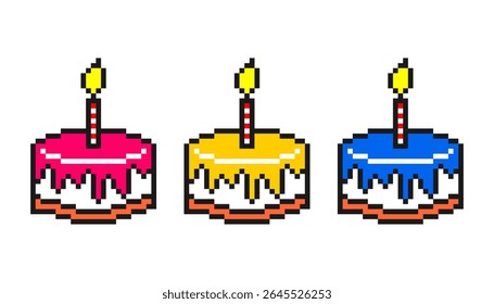 Pixel art birthday cakes with candles in colorful 8-bit style.