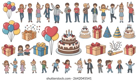 Pixel Art Birthday Celebration With Friends Gifts Balloons Cakes Party Hats And Confetti