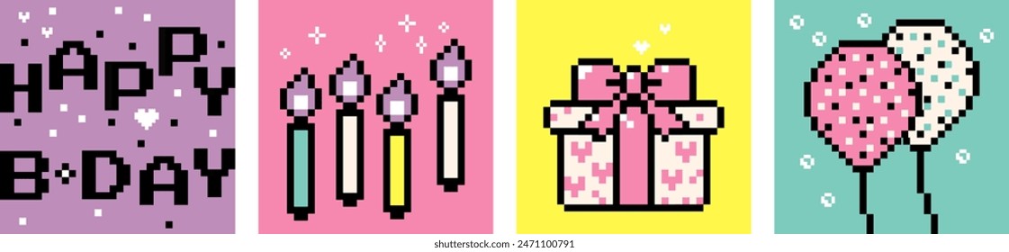 Conjunto de cumpleaños de arte de píxeles. Vela, regalo, globo, fiesta, icono de fiesta. Colorido. Y2k de moda pegatinas pixeladas juguetonas, etiquetas, sellos. Sentimiento de la estética de los 90. Ilustración vectorial de estilo retro de 8 bits