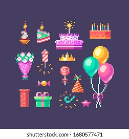 Pixel art birthday set. Cute bright icons on birthday party. Vector illustration.