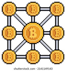 Icono de vector de cadena de bloques de bitcoin de arte de píxeles para juego de 8 bits sobre fondo blanco
